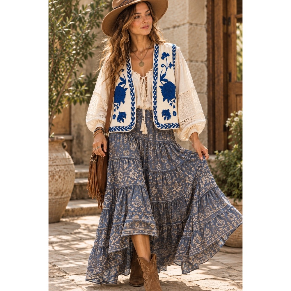 Womens Blue White Embroidered Floral Open Front Boho Vest Size Large Cottagecore